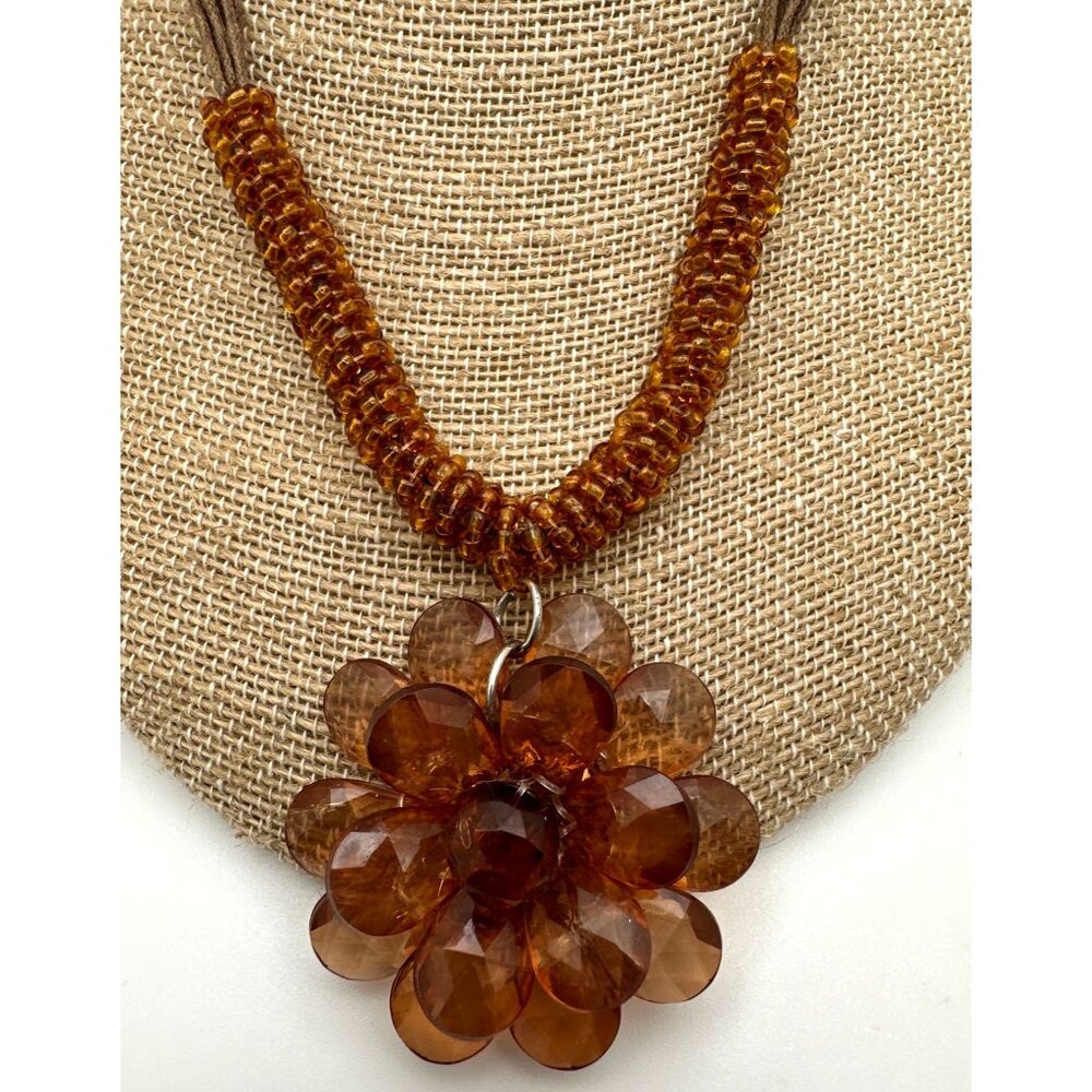 Earthy Boho Chic Tone Flower Pendant Necklace Beaded Whimsy Fairycore